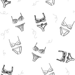 seamless pattern black and white underwear with curls on a white background