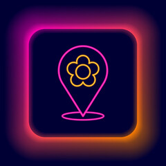 Glowing neon line Location with flower icon isolated on black background. Colorful outline concept. Vector