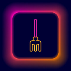 Glowing neon line Garden rake icon isolated on black background. Tool for horticulture, agriculture, farming. Ground cultivator. Colorful outline concept. Vector