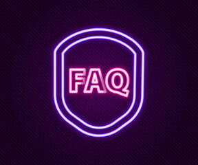 Glowing neon line Shield with text FAQ information icon isolated on black background. Guard sign. Security, safety, protection, privacy concept. Colorful outline concept. Vector