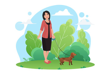 Woman walking with small dog pet in the park vector illustration