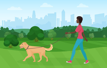 Obraz na płótnie Canvas African american black woman walking with golden terrier dog pet in the park vector illustration
