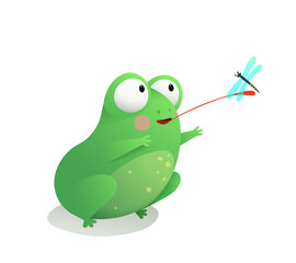 Cute frog or toad sitting catching a dragonfly with its long tongue. Funny adorable frog for children. Vector illustration for children in watercolor style.