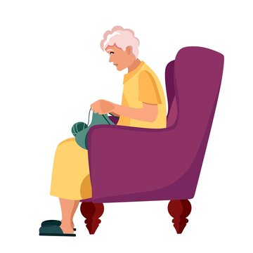 The Older Woman Grandmother Knits Sitting In A Chair. Elderly People Are Cartoon Characters. Old Age. Vector Illustration Of A Flat Style, Isolated On A White Background