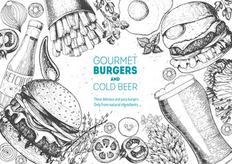 Beer and burgers vector illustration. Fast food, junk food frame. Pub food menu. Elements for burgers restaurant menu design. Engraved image, retro style.