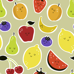 vector seamless pattern with cartoon fruits. apricot, cherry, watermelon, pear, berries, strawberry, apple, lemon, banana. food background. print for clothes, textiles, notebooks, packaging paper.