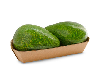 two avocadas in a cardboard bowl on a white background, avocado isolate