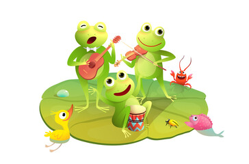 Funny frogs concert on the waterlily, happy toads or frogs playing drums violin and guitar on waterlily in the pond. Vector illustration for children in watercolor style.