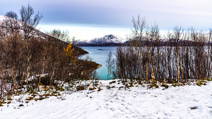 Dorf am Ufer des Fjord an einem stürmischen Tag in Troms, in der Nähe von Tromsö, Norwegen....