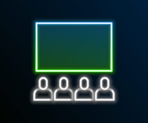 Glowing neon line Cinema auditorium with screen icon isolated on black background. Colorful outline concept. Vector