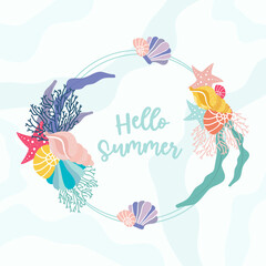 Round summer frame made of sea shells. Hello Summer. Vector illustration.