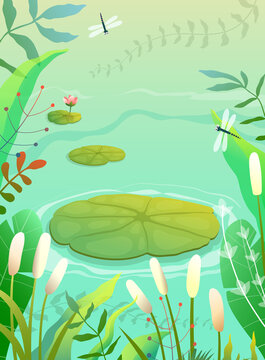Pond, swamp or lake scenery empty background with waterlily and lily plants grass and reeds. Colorful swamp illustration in green tones, empty vertical nature vector background in watercolor style.
