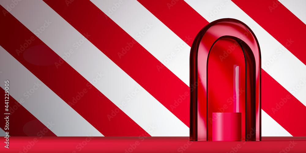 Poster minimal mockup background for product presentation. red podium and dome panel on red stripe backgrou
