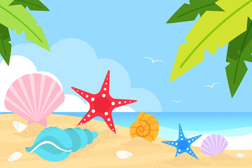 Fototapeta na wymiar Beach background with colorful starfish and seashells. Vector illustration. 