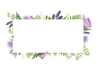 Rustic frame of hand-drawn forest green fern leaves and delicate buds and pink roses, lavender and cute tiny flowers. Adorable border of greenery isolated on white for greentings, invitations, decor