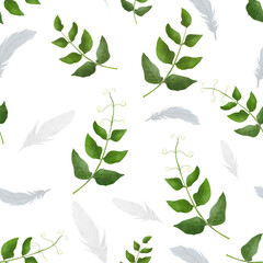 Background seamless pattern of green leaves and white feathers for wrapping paper, packaging, printing on fabric