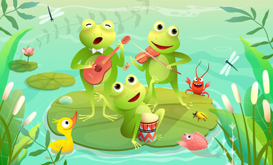 Obraz na płótnie Canvas Kids music festival on a lake or pond with frogs playing musical instruments and singing. Funny animals music show on a swamp. Vector swamp scenery illustration for children in watercolor style.