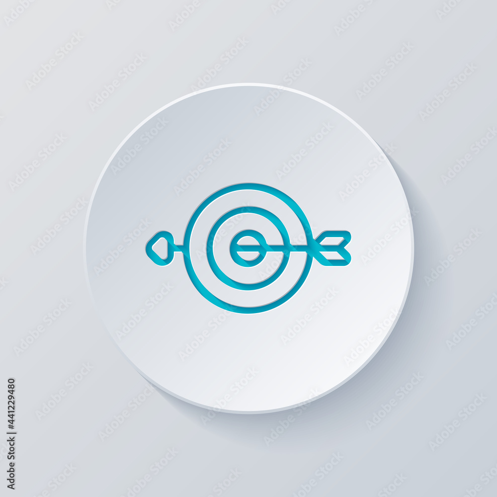 Poster target with arrow, focus on the objective, dart game, simple icon. cut circle with gray and blue lay
