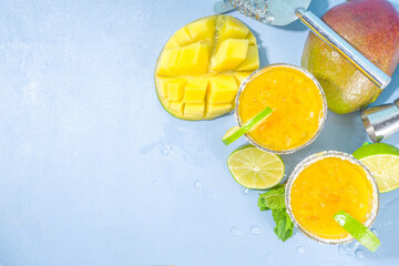 Cold summer cocktail, mango margaritas with tequila, salt lime slices, crushed ice and mint....