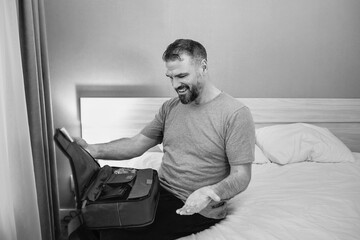 monochrome portrait of Happy rested man with chronic breathing issues after using  CPAP machine...