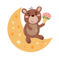 Obraz premium Image with cute cartoon bear with ice cream on the moon. Vector graphics on a white background. For the design of posters, postcards, notebook covers, childrens illustrations, prints for mugs.