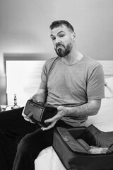 monochrome portrait of Happy rested man with chronic breathing issues after using  CPAP machine...