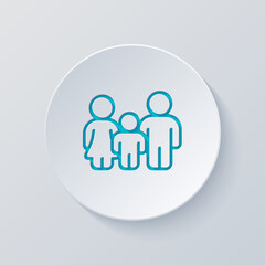 Full family, happy parents and child. Cut circle with gray and blue layers. Paper style