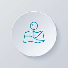 Paper map with pin, location by gps, simple landmark. Cut circle with gray and blue layers. Paper style