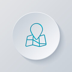 Paper map with pin, location by gps, simple landmark. Cut circle with gray and blue layers. Paper style