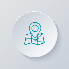 Paper map with pin, location by gps, simple landmark. Cut circle with gray and blue layers. Paper style