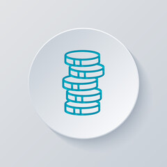 Stack of money coins, dollar or euro, business icon. Cut circle with gray and blue layers. Paper style