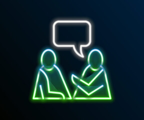 Glowing neon line Two sitting men talking icon isolated on black background. Speech bubble chat. Message icon. Communication or comment chat symbol. Colorful outline concept. Vector