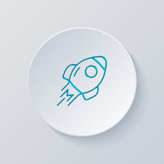 Obraz premium Simple rocket icon, space ship. Cut circle with gray and blue layers. Paper style