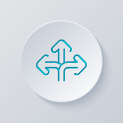 Three-way direction, make a choice, 3 arrows pointing in different directions, simple icon. Cut circle with gray and blue layers. Paper style