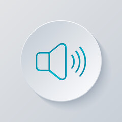 Simple volume icon, audio speaker, sound symbol. Cut circle with gray and blue layers. Paper style