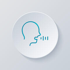 Voice command, speaking person, simple icon. Cut circle with gray and blue layers. Paper style