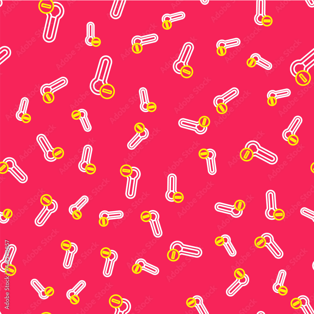 Poster line meteorology thermometer measuring icon isolated seamless pattern on red background. thermometer