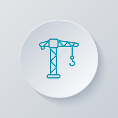 Construction crane, building machine, simple icon. Cut circle with gray and blue layers. Paper style