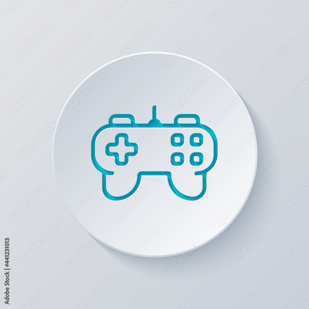 Poster joystick of video console, game controller, simple icon. cut circle with gray and blue layers. paper