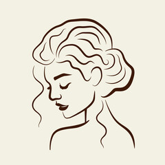 Vector minimalistic portrait of a woman. Beautiful, sexy girl, line drawing. Hand-drawn print. Fashionable feminine hairstyle, retro style, curls. Illustration for a beauty salon. Styling, hairstyle