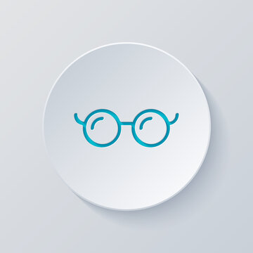 Round glasses, simple icon. Cut circle with gray and blue layers. Paper style
