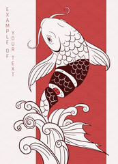 abstract illustration fish with sushi in the middle on textured red line