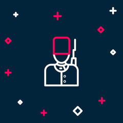 Line British guardsman with bearskin hat marching icon isolated on blue background. Colorful outline concept. Vector