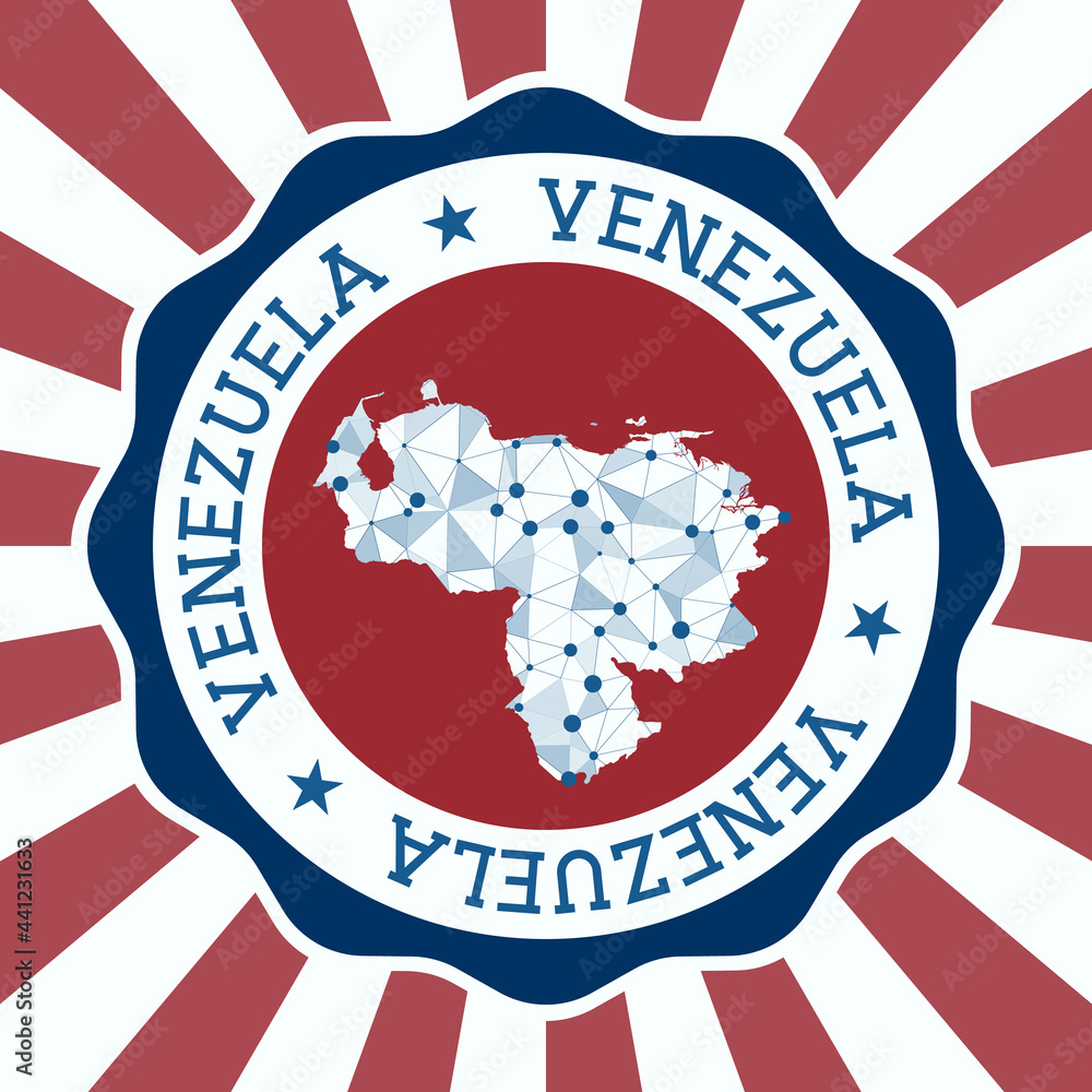 Poster venezuela badge. round logo of the country with a triangular mesh map and radial rays. eps10 vector.