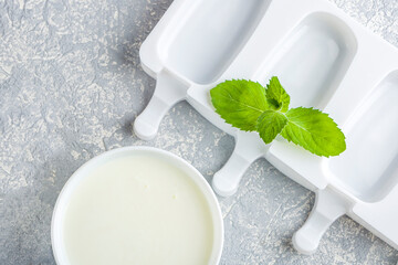 Recipe cooking homemade creamy ice cream. Ingredients: milk, dairy and molds. Natural fruit and berry popsicle sugar free.