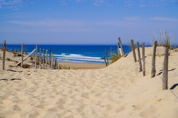 french coast access with sand beach waves entrance to ocean atlantic sea - obrazy, fototapety, plakaty