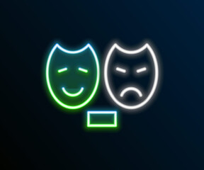 Glowing neon line Comedy and tragedy theatrical masks icon isolated on black background. Colorful outline concept. Vector