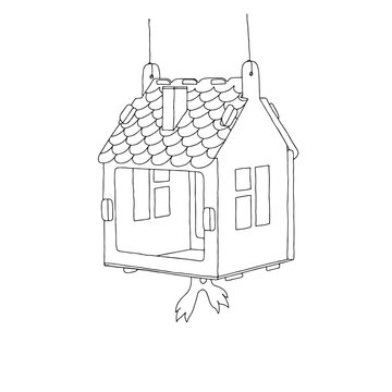 recommend clip art: Black hand drawn outline vector illustration of A birdhouse or squirrel house from new boards is hanging on a tree in the forest isolated on a white background