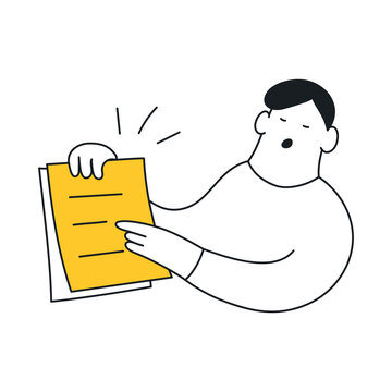 To-do, schedule, planned work, OKR, presentation of needed results. Cute cartoon man holding the pile of papers or calendar and pointing at the page. Thin line elegance vector illustration on white.