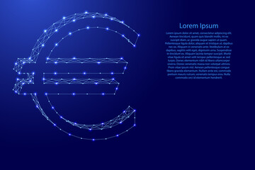 Euro € symbol or sign of graphical of pan-European currency 3d from futuristic polygonal blue lines and glowing stars for banner, poster, greeting card. Vector illustration.